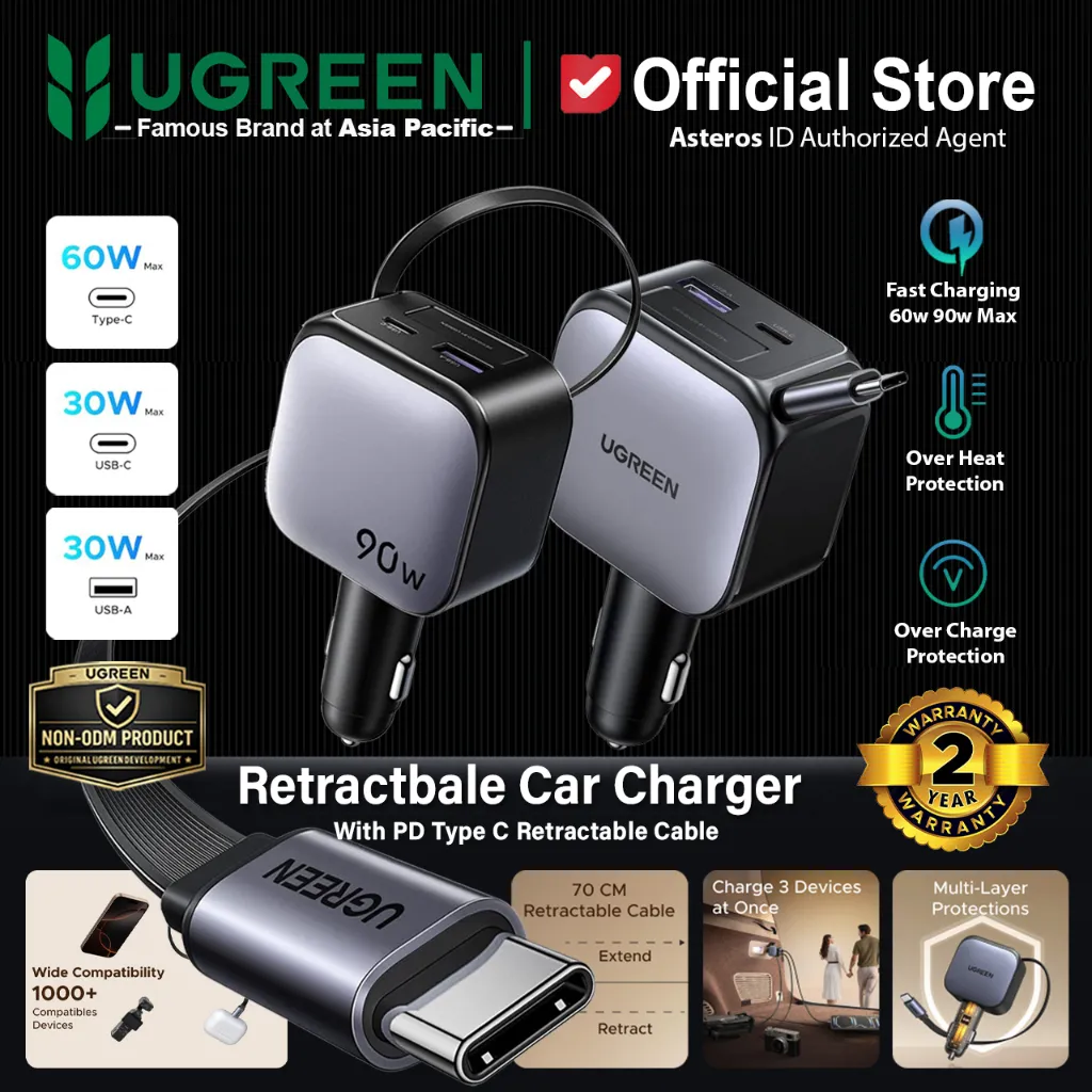 UGREEN Car Charger Mobil Built in Cable Type C Retractable Fast Charging 60w 75w 145w