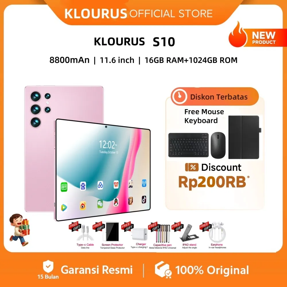 ​​[Free Mouse Keyboard ]KLOURUS Tablet S10 (16GB + 1024GB) | IPS 11.6" | Tablet Murah untuk Belajar,Gaming, Kerja & Hiburan | 5G Dual SIM, WiFi Tablet Anak Android 15, Kamera 48MP | Kapasitas baterai besar 8800 mAh [KLOURUS Official Store]​