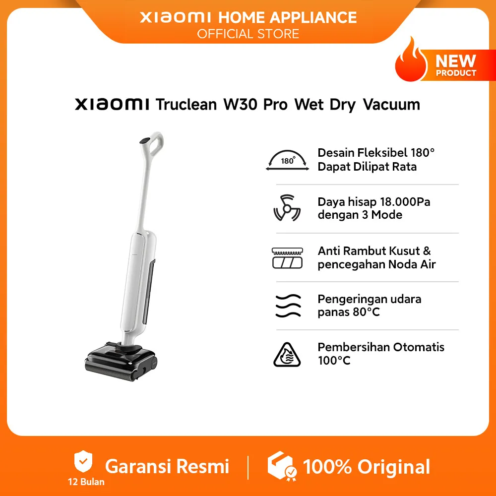 Xiaomi Truclean W30 Pro Wet Dry Vacuum | Desain Fleksibel 180° Dapat Dilipat Rata | Daya isap kuat 18.000Pa dengan 3 Mode | Pencegah Kusut & Pencegah Noda Air | Pengeringan udara panas 80°C | Pembersihan Otomatis 100°C | Daya tahan baterai hingga 40 menit