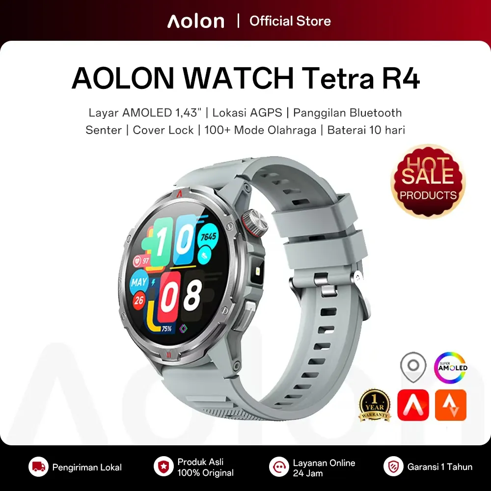 [Garansi 1 Tahun] Aolon Tetra R4 Smartwatch Layar Amoled AOD Cover Lock Kompas Saturasi Oksigen Darah Pengukuran Aktivitas Fisik Cuaca