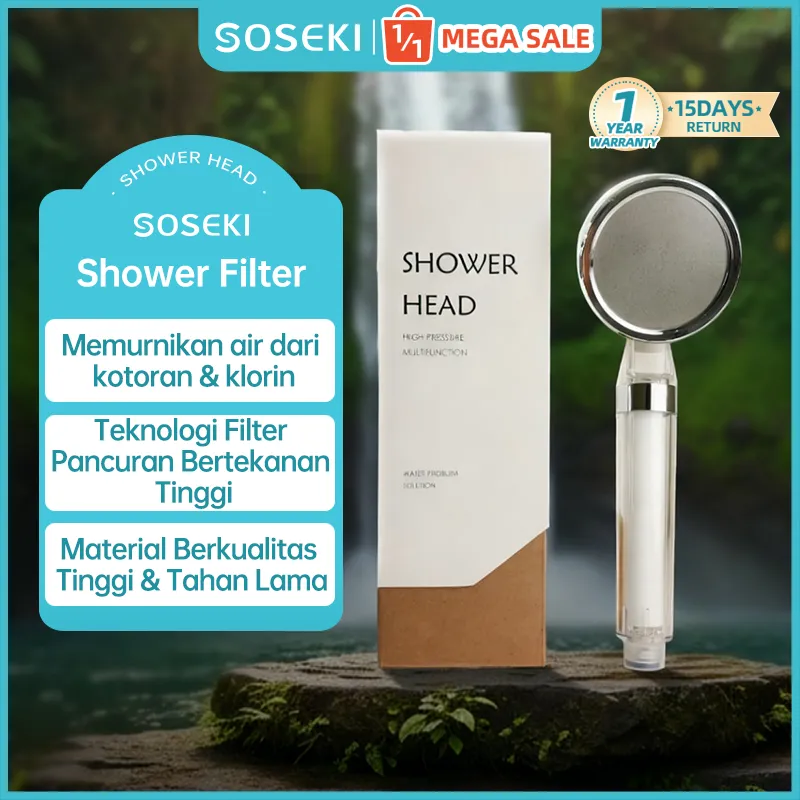 SOSEKI Shower Filter Shower Head Penyaring Air Bersih Dechlorination & Sediment Filter Pemurni Air Kamar Mandi Anti Klorin, Melembutkan Kulit & Rambut Sehat