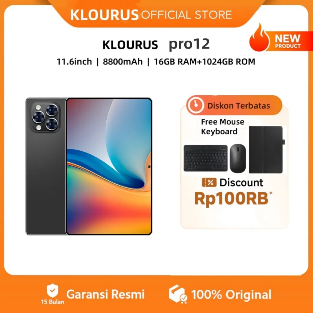 ​​[Free Mouse Keyboard ] KLOURUS Tablet Pro12 (16GB + 1024GB) Android15 | IPS 11.6" | Tablet Murah untuk Belajar,Gaming, Kerja & Hiburan | 5G Dual SIM, WiFi Tablet Anak Android, Kamera 48MP | Kapasitas baterai besar 8800 mAh [KLOURUS Official Store]​