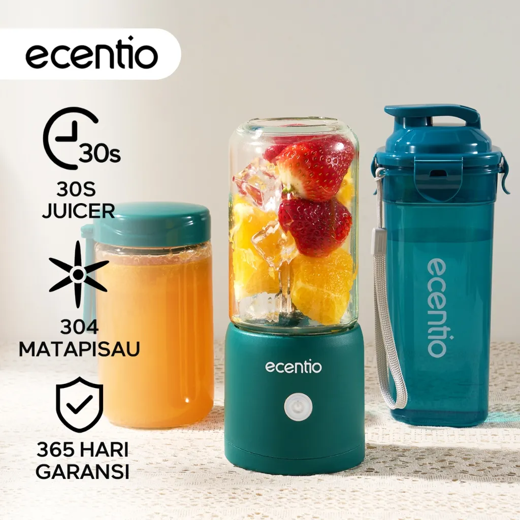 ecentio Juicer Portable Mini Juicer Free 1 Botol 8 Mata Pisau 2 Food Grade Kaca Gelas Tahan Pecah 380ml+380ml Blender MPASI Portable