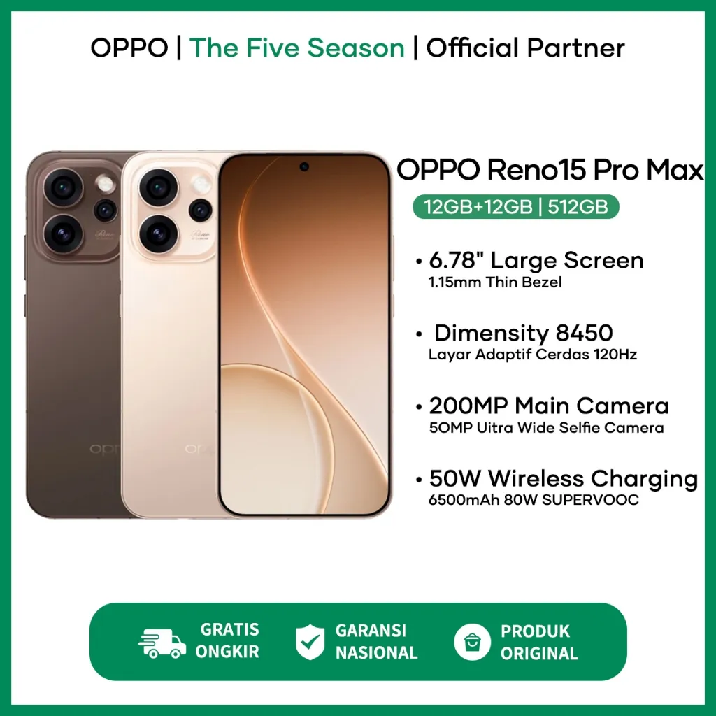 [NEW] OPPO Reno15 Pro Max 5G 12/512 200MP Ultra Clear Main Camera Dimensity 8450 OPPO Terbaru 2026
