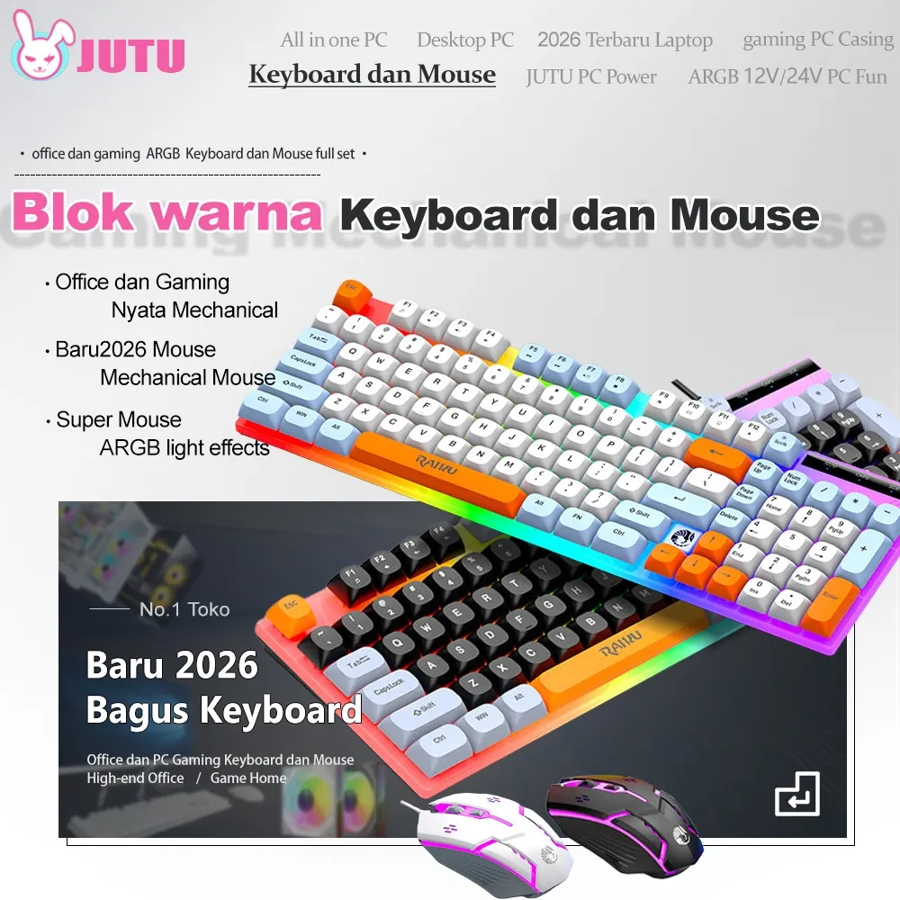 JUTU 12H SHIP Keyboard Mekanis Pencahayaan RGB Pengaturan Keyboard Dan Mouse Untuk Kantor Rumah Bermain Game Keyboard Mouse Kantor Yang Senyap