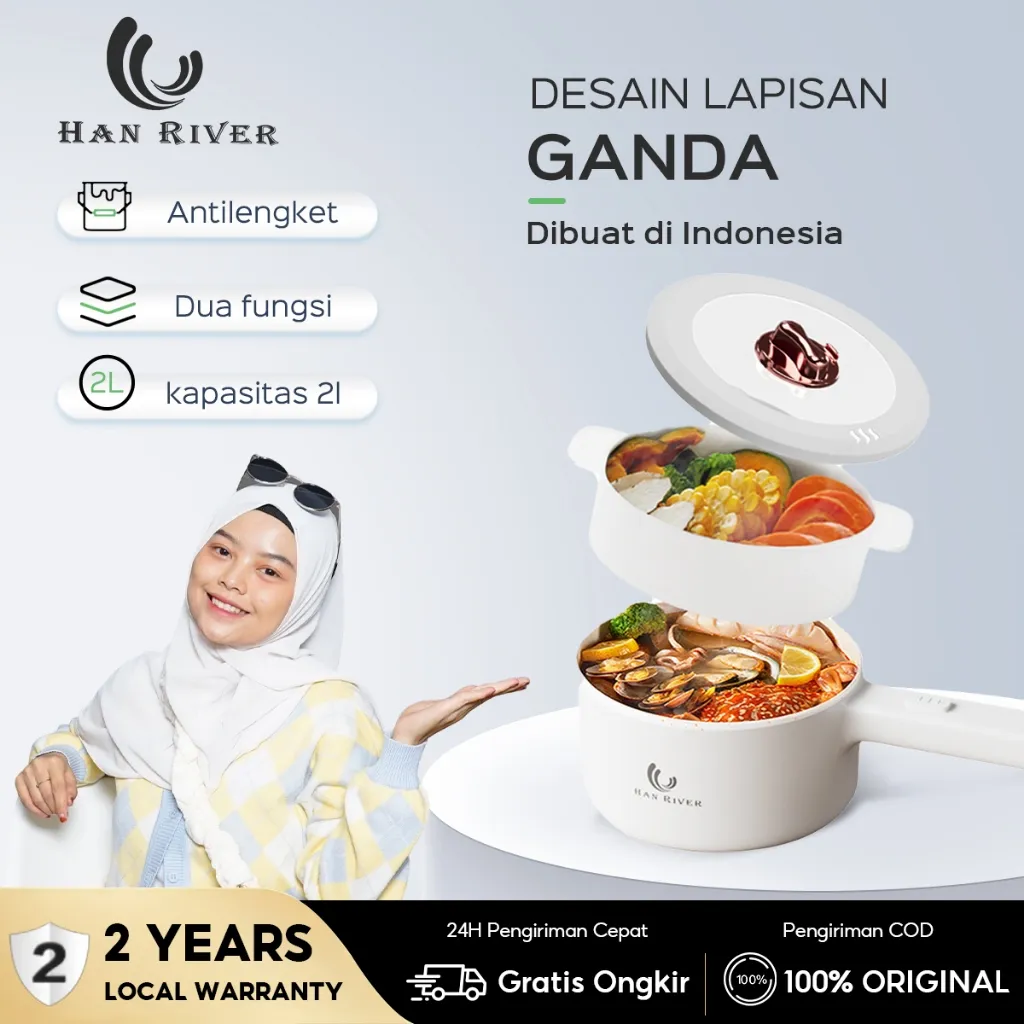 HAN RIVER panci listrik serbaguna 2L HRDZG02 Kompor listrik pintar Pelajar/panci listrik/Asrama/Perjalanan Bisnis -putih