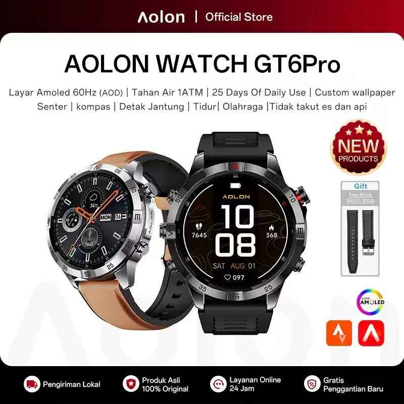[ 2.9 ] Aolon GT6 Pro Smartwatch Amoled Display AOD 500mAh 7Days Use 1ATM Senter Manajemen Kesehatan Kompass Bluetooth call smartwatch pria