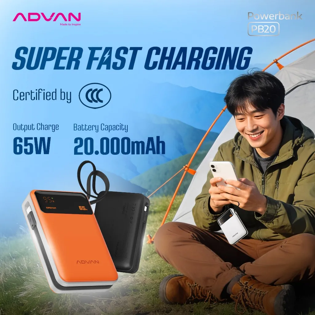 [CCC Certified] ADVAN Powerbank PB20 3C CCC | 20.000mAh | 65W Super Fast Charging | CCC Certified | Built-in Type-C Cable | Dual Port | Slim & Compact Design | Short Circuit Protection | Garansi Resmi 1 Tahun