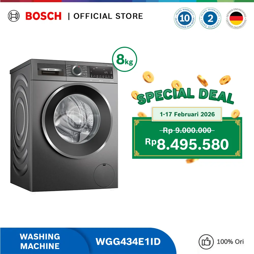 Bosch WGG434E1ID WGG444E1ID WGG454E1ID Washing Machine Frontloader / Mesin Cuci Bukaan Depan Series 6 | 8, 9, 10 kg | Cast Iron Grey