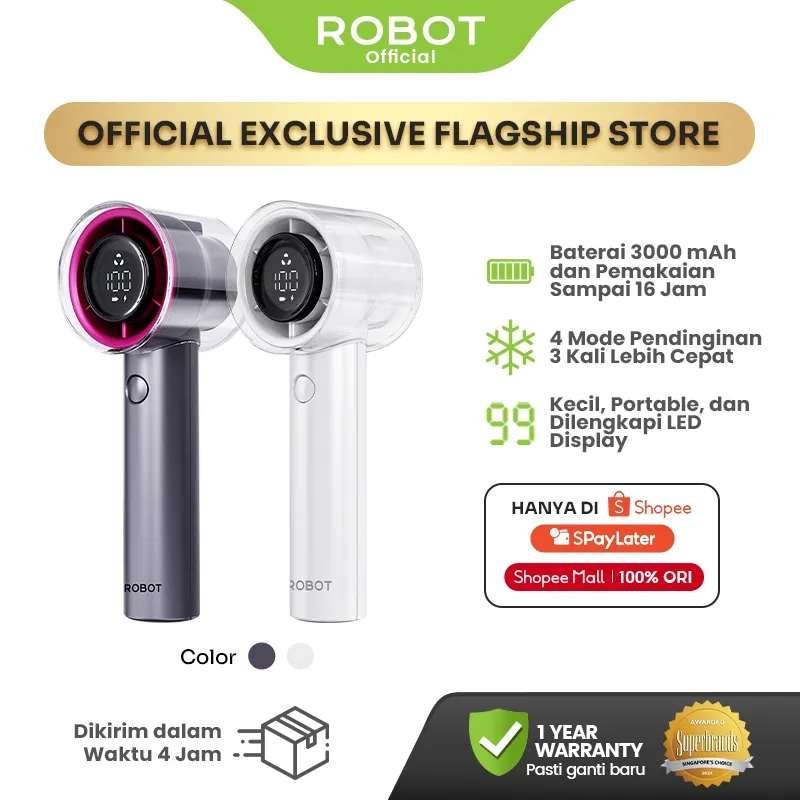 ROBOT Mini Fan Kipas Angin Mini Portable Genggam Powerful Handheld 3000mAh Mini Fan Grey 15000RPM Led Indicator RT-BF26 Original - Garansi 1 Tahun