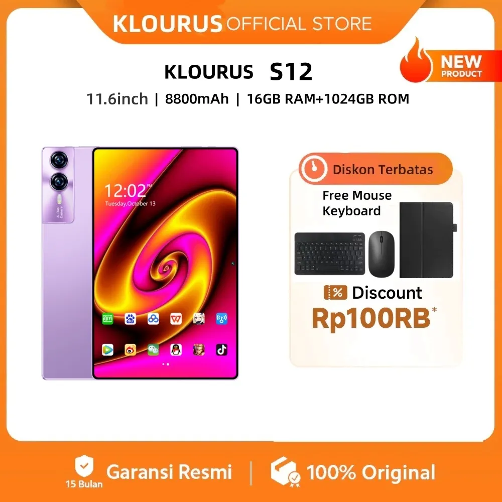 KLOURUS Tablet S12 (16GB + 1024GB) | IPS 11.6" | Tablet Murah untuk Belajar,Gaming, Kerja & Hiburan | 5G Dual SIM, WiFi Tablet Anak Android, Kamera 48MP | Kapasitas baterai besar 8800 mAh [KLOURUS Official Store]​