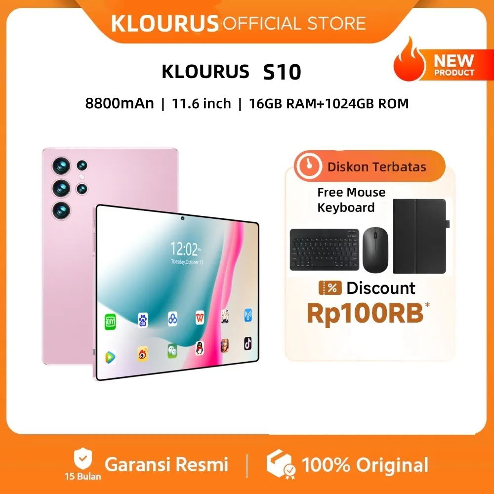 ​​KLOURUS Tablet S10 (16GB + 1024GB) | IPS 11.6" | Tablet Murah untuk Belajar,Gaming, Kerja & Hiburan | 5G Dual SIM, WiFi Tablet Anak Android, Kamera 48MP | Kapasitas baterai besar 8800 mAh [KLOURUS Official Store]​