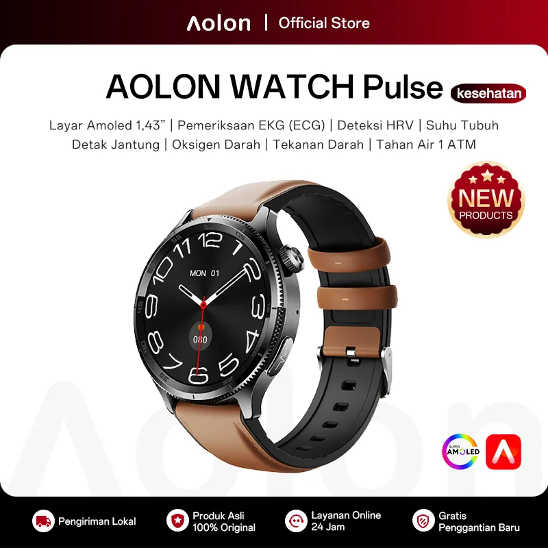 Aolon Pulse Jam Tangan Smartwatch Pengukuran Kesehatan Amoled 1,43 inci ECG HRV Detak Jantung Tekanan Darah Oksigen Darah Suhu Tubuh