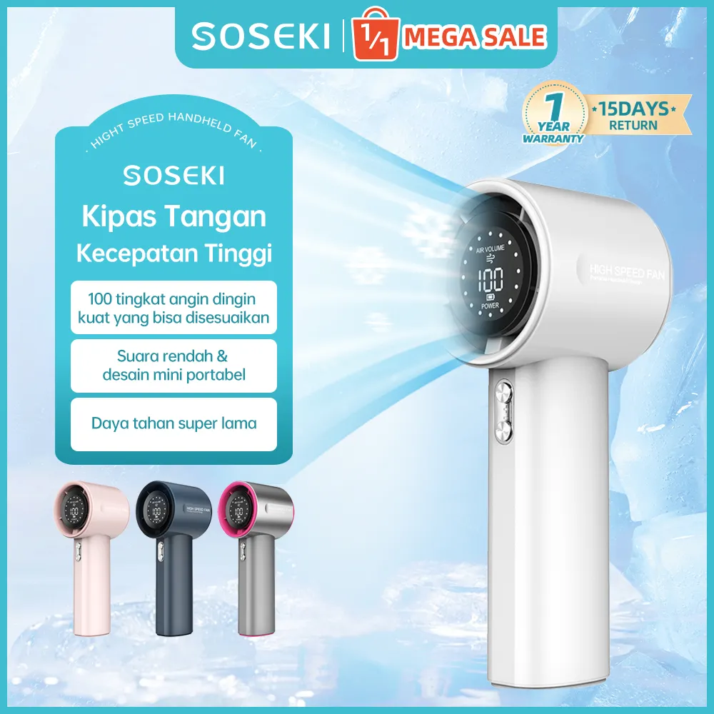 SOSEKI High-Speed Portable Handheld Fan/Kipas Mini Portabel/100 Tingkat Kecepatan Angin/Tampilan Digital