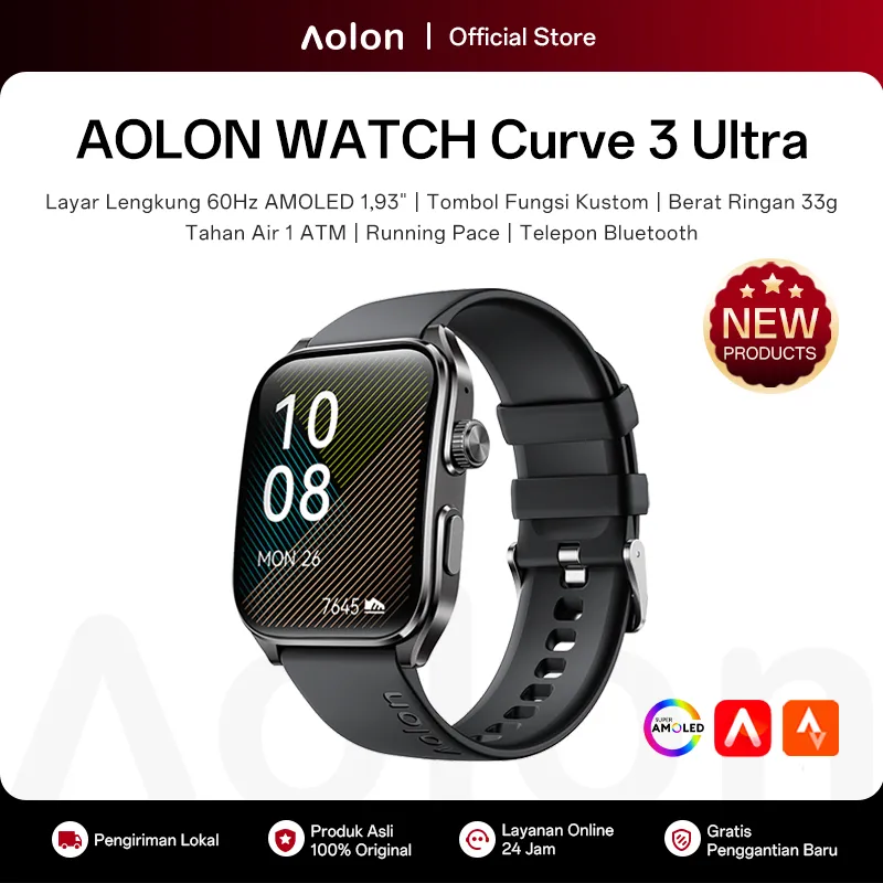 [New] Aolon Curve 3 Ultra Jam Smartwatch 60Hz Amoled 1.93-inci Tombol Kustom Tahan Air 1 ATM Telepon Bluetooth Pace Olahraga Pemantauan Tidur Smart Watch Pria Strava