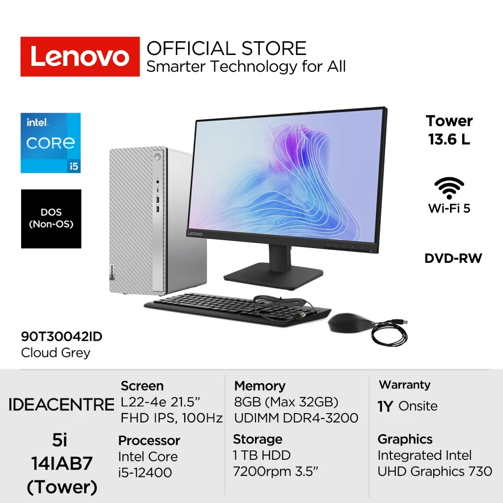 Lenovo PC IdeaCentre 5i 14IAB7 42ID Intel Core i5-12400 DOS 8GB 1TB HDD Integrated Intel UHD 730 DVD Dekstop Tower 13.6L 90T30042ID Cloud Grey Garansi Resmi 1 Tahun Onsite Monitor Lenovo 67D5KAC6WW L22-4e 21.5inch FHD IPS 100Hz Wired Keyboard Mouse