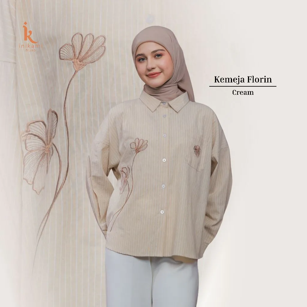 Baju Wanita - Kemeja Florin Salur Oversized Flower Embroidery Cream By Inikami Hijab