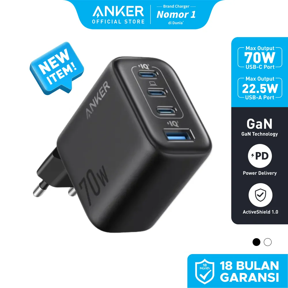 Anker Zolo 70W Charger 4-Port A121C Fast charger Gan Technology and Compact for iPhone 17 / iPhone Series MacBook iPad Samsung - A121C