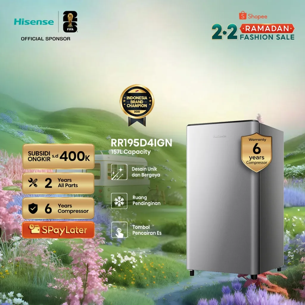 Hisense Kulkas RR195D4IGN Refrigerator Mini Bar Kapasitas 157L 1 Warna Silver Pintu Desain Unik dan Bergaya Ruang Pendinginan Semiauto Defrost Separate Chiller Lampu LED Big Door Balcony Anti Bacterial Door Seal Fruit & Vegetable Box