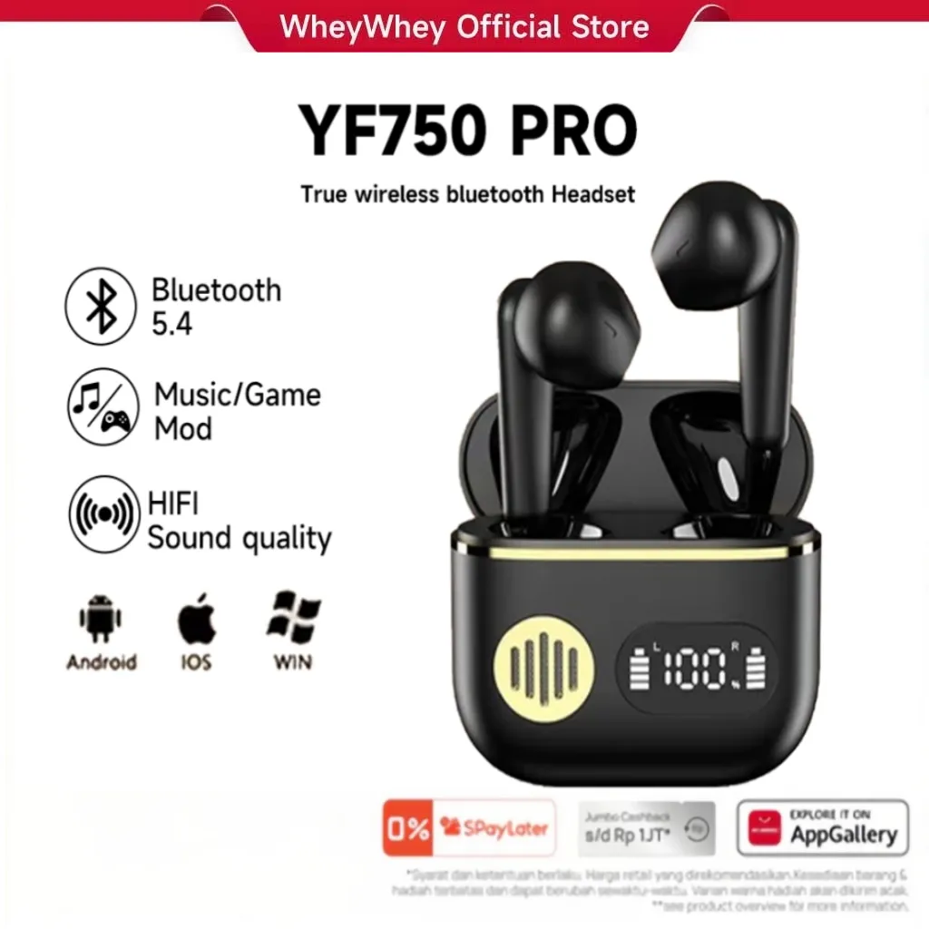 Wheywhey Air YF 750 Pro TWS Noise Reduction Headset Bluetooth IPX6 Waterproof Bluetooth 5.3 Smart Noise Reduction Earbud HIFI Stereo Olahraga Hearphone With Mic 100%Original Digunakan Di Semua Ponsel Android/Ios