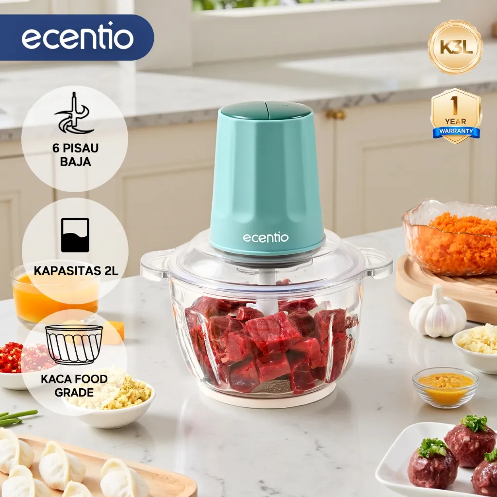 ecentio Multifungsi Blender Penggiling Daging Kaca 2L 6 Pisau Kecepatan Food Processor Ganda Kapasitas Besar Mesin Giling Daging Listrik
