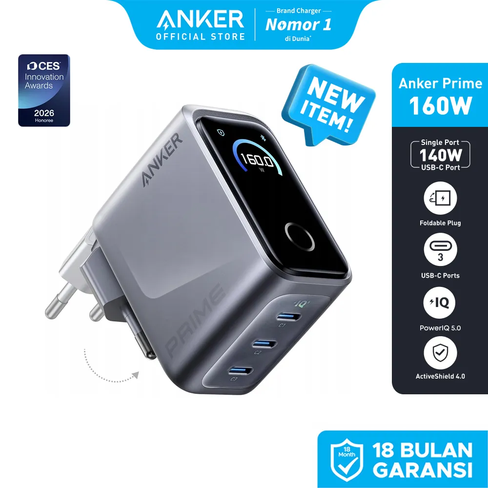 Anker Prime Charger 160W 3-Port Compact GaN USB C Charger Block, Smart Display and Touch Control, 140W Max Charging via Any Single Port for MacBook Pro/Air Laptop iPhone 17/16 Series - A2687