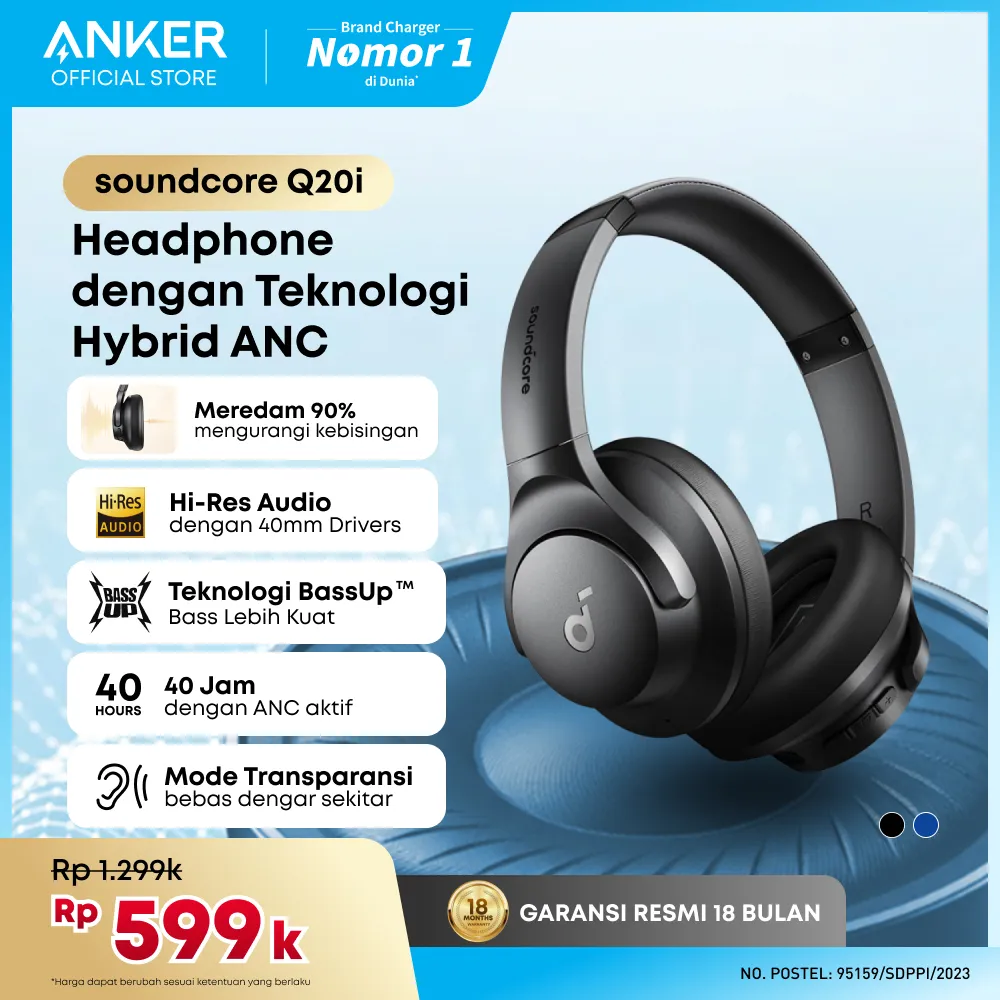 Soundcore by Anker Q20i Bluetooth Headphones with Mic Hi-Res Hybrid ANC Headset with Noise Cancelling Wireless Headphone Over-the-Ear Headphones - A3004