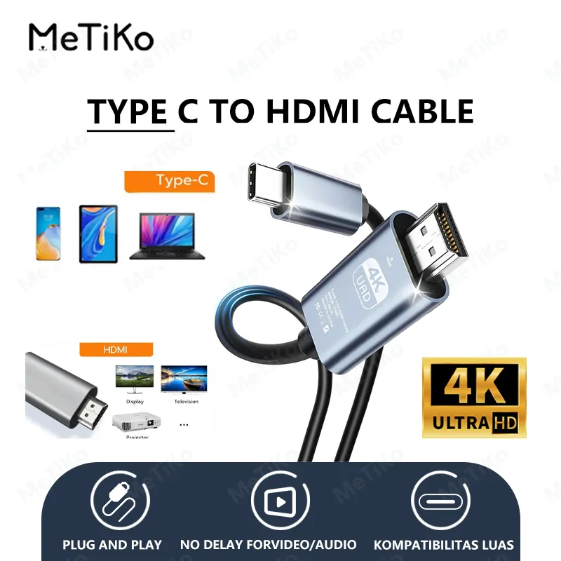 MeTiKo Converter USB 3.1 TYPE C TO HDMI 4K UHD Kabel 1.8 Meter HP ke Mobile Phone/laptop/monitor Projection