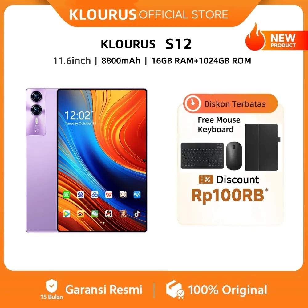 KLOURUS Tablet S12 (16GB + 1024GB) | IPS 11.6" | Tablet Murah untuk Belajar,Gaming, Kerja & Hiburan | 5G Dual SIM, WiFi Tablet Anak Android, Kamera 48MP | Kapasitas baterai besar 8800 mAh [KLOURUS Official Store]​