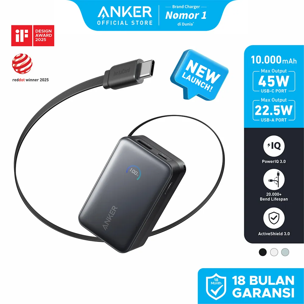 Anker Nano Portable Power Bank Intelligent Display 10,000mAh 3 ports with Built-in Retractable Type-C Cables 45W Fast Charging PD PPS2.0, Pass Through Charging for iPhone, Samsung - A1638