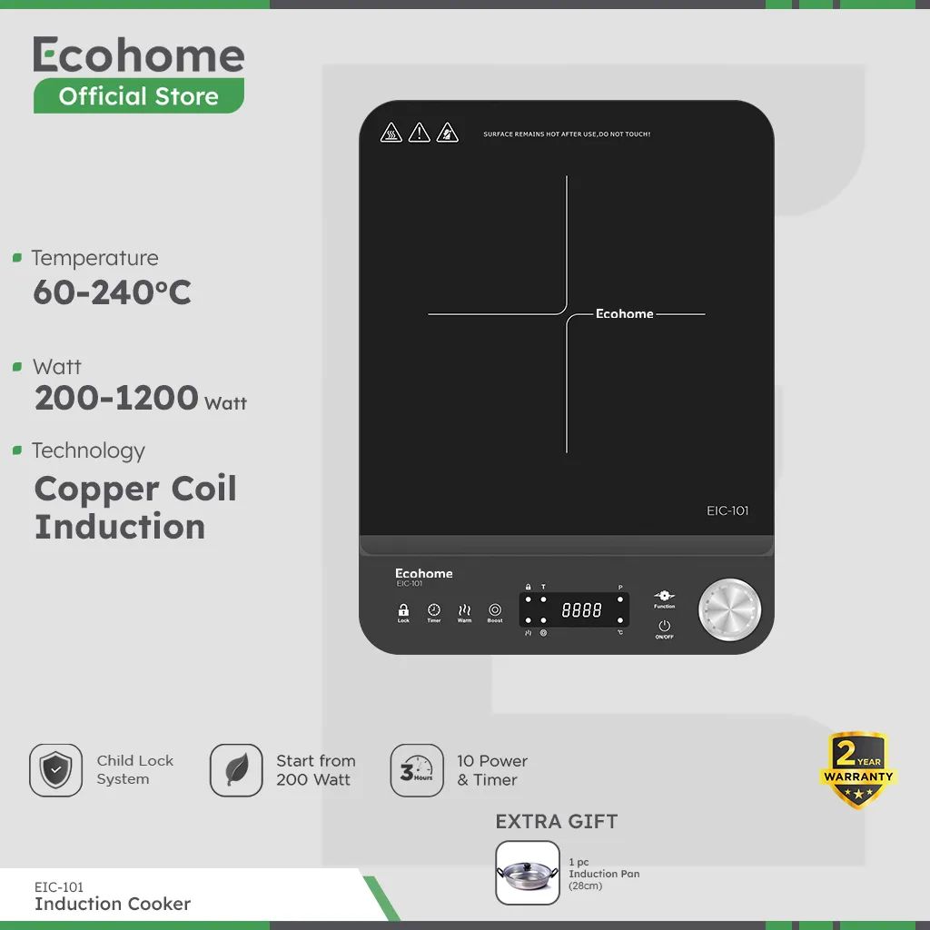 ECOHOME Induction Cooker EIC101 Kompor Induksi Low Watt with Durable Crystal Glass Screen