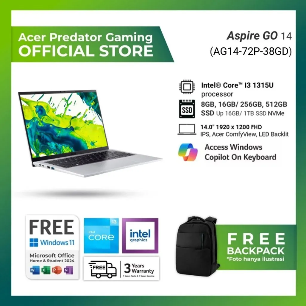 ACER ASPIRE GO 14 AG14-72P-38GD INTEL I3 1315U RAM 16GB SSD 512GB WINDOWS 11+OFFICE 14.0 WUXGA IPS