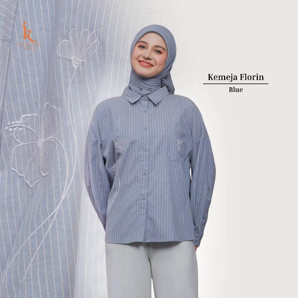 Baju Wanita - Kemeja Florin Salur Oversized Flower Embroidery Blue By Inikami Hijab