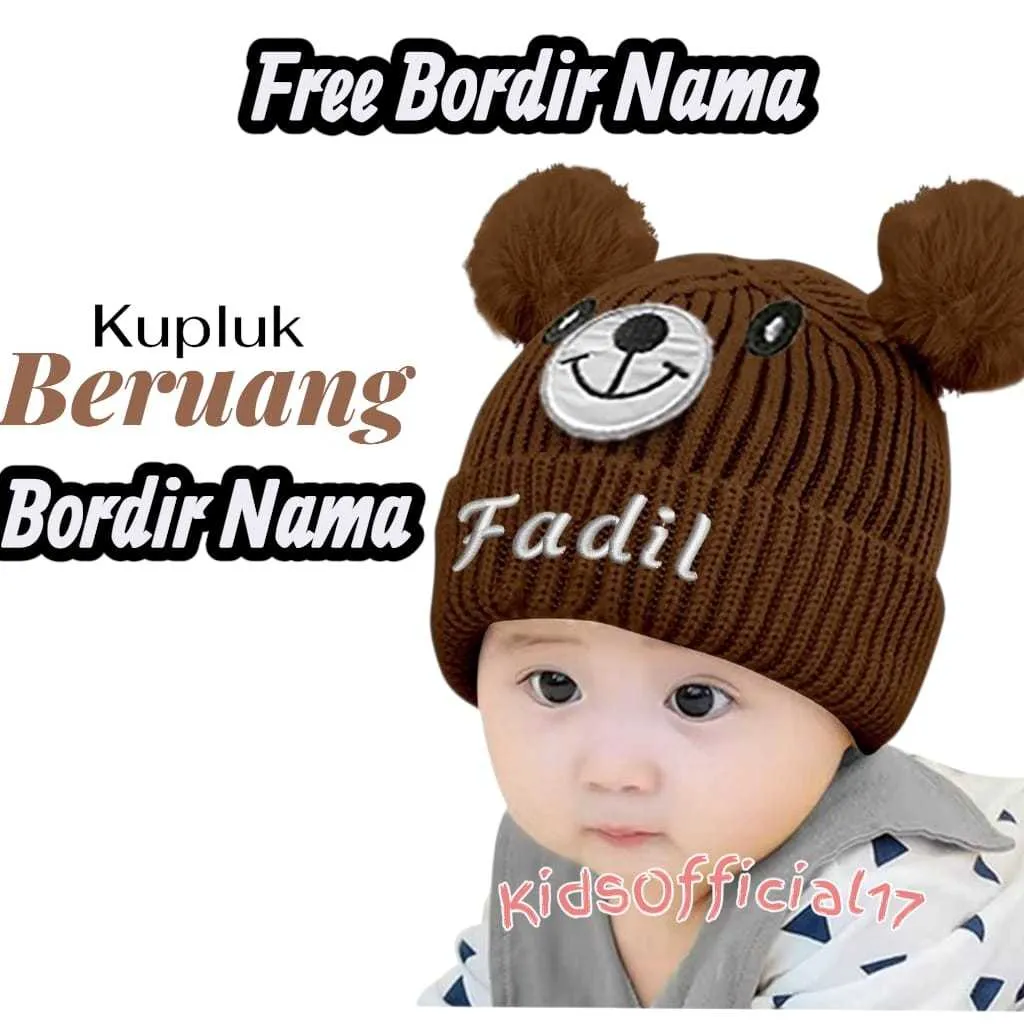 Topi Bordir Nama Kupluk Anak Bayi Pompom Beruang Kupluk Anak Laki-Laki Perempuan Murah