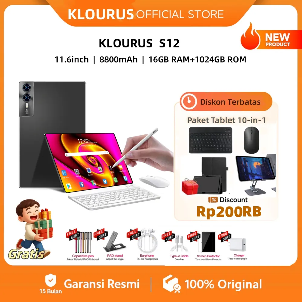 ​​[Free Mouse Keyboard ]KLOURUS Tablet S12 (16GB + 1024GB) | IPS 11.6" | Tablet Murah untuk Belajar,Gaming, Kerja & Hiburan | 5G Dual SIM, WiFi Tablet Anak Android 15, Kamera 48MP | Kapasitas baterai besar 8800 mAh [KLOURUS Official Store]​