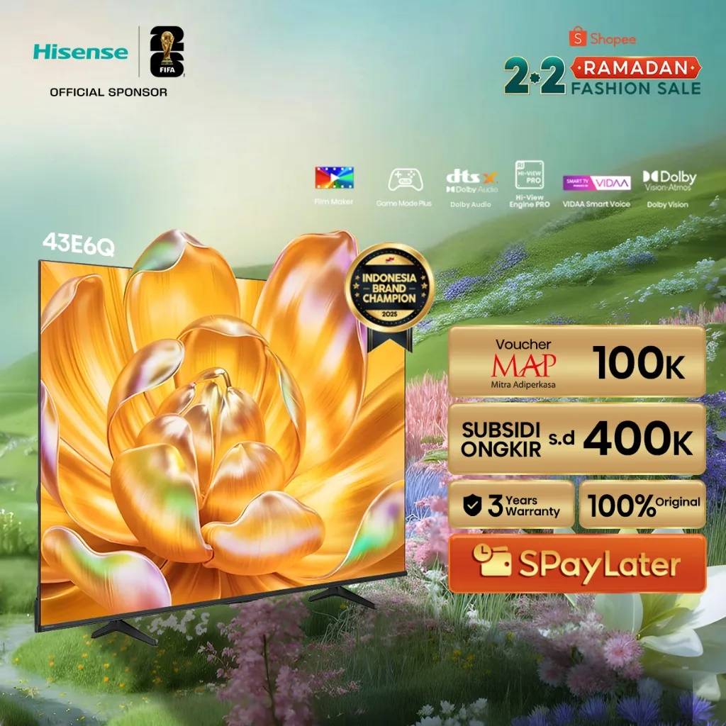 Hisense TV E6Q Vidaa Smart Digital TV 43/50/55/65/75 inch UHD 4K Filmmaker Mode Dolby Vision & Audio 60Hz DTS Mode Game Plus Peningkatan AI 4K Support Netflix/YouTube/Prime Video RAM 1,5GB ROM 8GB Television