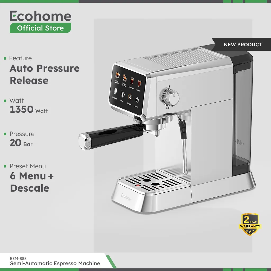Ecohome Semi-automatic Espresso Machine EEM888 Mesin Kopi Espresso desain stylish dengan Tekanan 20 Bar untuk Pemakaian Rumah Layar Touchscreen