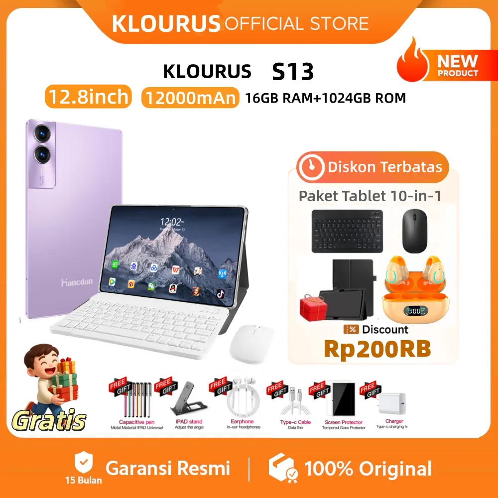 [Free Mouse Keyboard ] ​​KLOURUS Tablet S13 (16GB + 1024GB) | IPS 12.8" | Tablet Murah untuk Belajar,Gaming, Kerja & Hiburan | 5G Dual SIM, WiFi Tablet Anak Android, Kamera 64MP | Kapasitas baterai besar 12000 mAh [KLOURUS Official Store]​