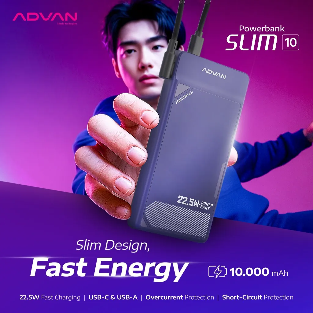 ADVAN Powerbank Slim10 | 10000mAh | 22.5W PD Fast Charging Dual Output Type-C Type-A | Overcurrent Protection & Short Circuit Protection | Garansi Resmi 1 Tahun