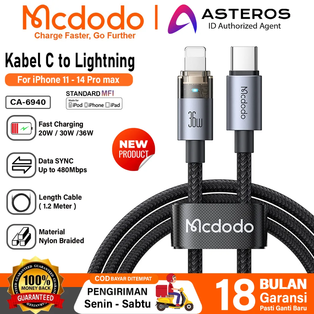 MCDODO Kabel iPhone 11 12 13 14 Type C to Lightning Fast Charging 20w Nylon Braided
