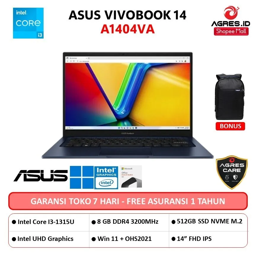 ASUS VIVOBOOK 14 A1404VA CORE I3 1315 8GB 512GB 14.0 FHD IPS WINDOWS 11 + OHS
