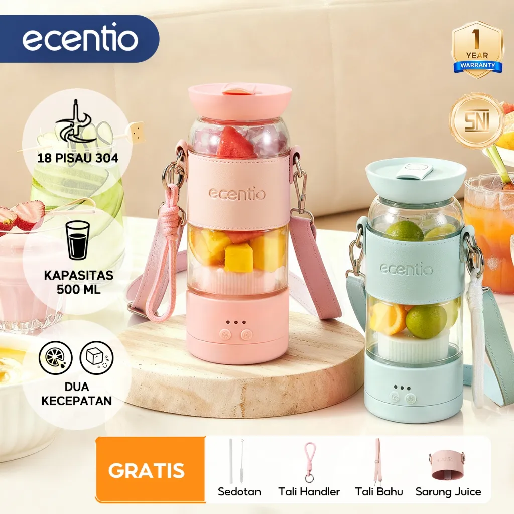 ecentio Juicer Portable Tali Bahu Fashion 18 Pisau Blender Portable 500ml Kaca Gelas Food Grade Tahan Pecah SNI Garansi 1 Tahun