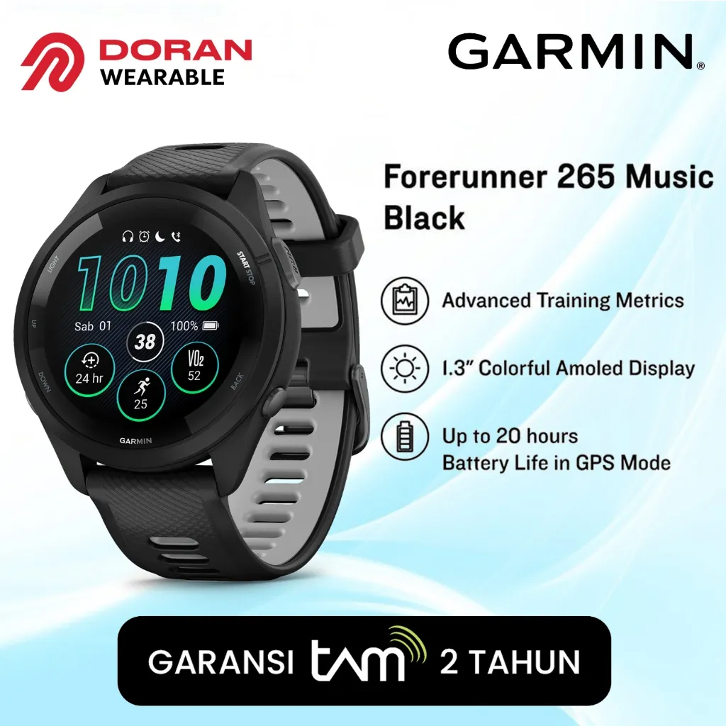 Garmin Forerunner 265 Music | FR 265 Music Black Garansi TAM 2 Tahun