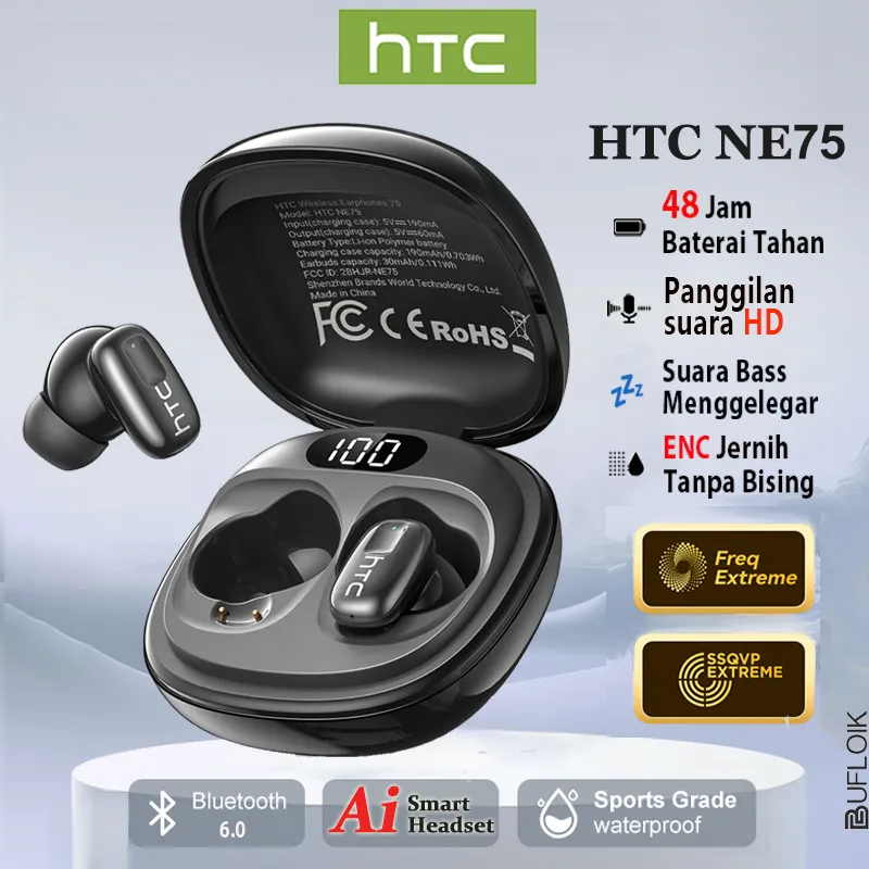 HTC NE75 TWS Mini Earphone AI Wireless Headset Bluetooth V6.0 LED HIFI Stereo In Ear Headset Tidur