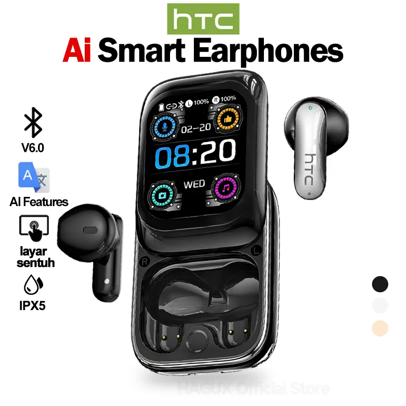 HTC NE48 Headset terjemahan AI Wireless Bluetooth 6.0 In-ear sports earbuds IPX5 TWS Slider terbaru Daya tahan baterai 48 jam Layar sentuh multifungsi Kontrol gerakan cerdas Mampu menerjemahkan 134 bahasa asing