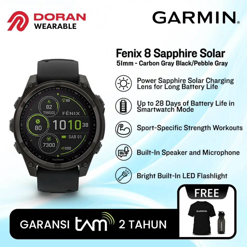 Garmin Fenix 8 Sapphire Solar 51mm - Carbon Gray Black/Pebble Gray