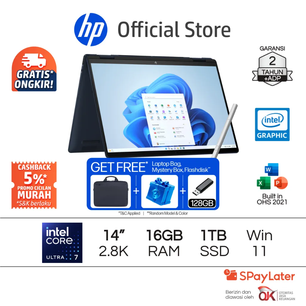 Laptop HP Envy x360 - OmniBook X Flip [NEW] 2 in 1 Intel Core Ultra 7 Intel Graphics 16GB RAM 1TB SSD Touchscreen Silver / Blue Windows 11 Home 14 Inch Garansi 2 Tahun Promo Murah Gratis Ongkir Official Non Second