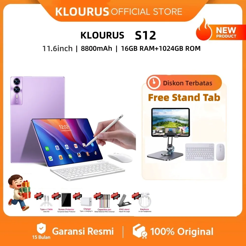 ​​[Free Mouse Keyboard ]KLOURUS Android Tablet S12 (16GB + 1024GB) | IPS 11.6" | Tablet Murah untuk Belajar,Gaming, Kerja & Hiburan | 5G Dual SIM, WiFi Tablet Anak Android 15, Kamera 48MP | Kapasitas baterai besar 8800 mAh [KLOURUS Official Store]​