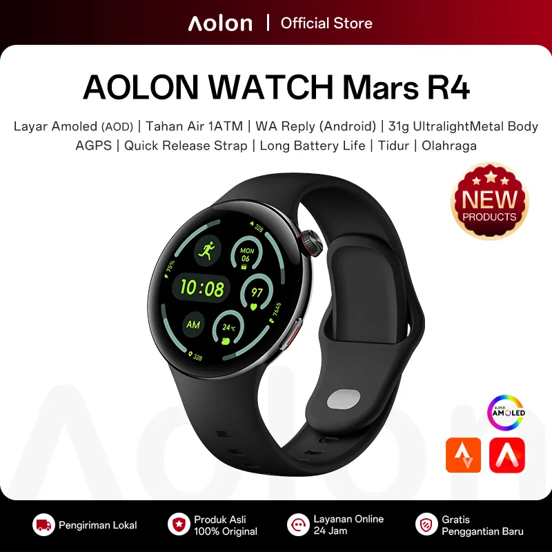 [ 2.9 ]Aolon Mars R4 Jam Tangan SmartWatch Whatsapp Reply Amoled 1 ATM 31g Ultralight Metel Quick Release Strap Battery life 18 days
