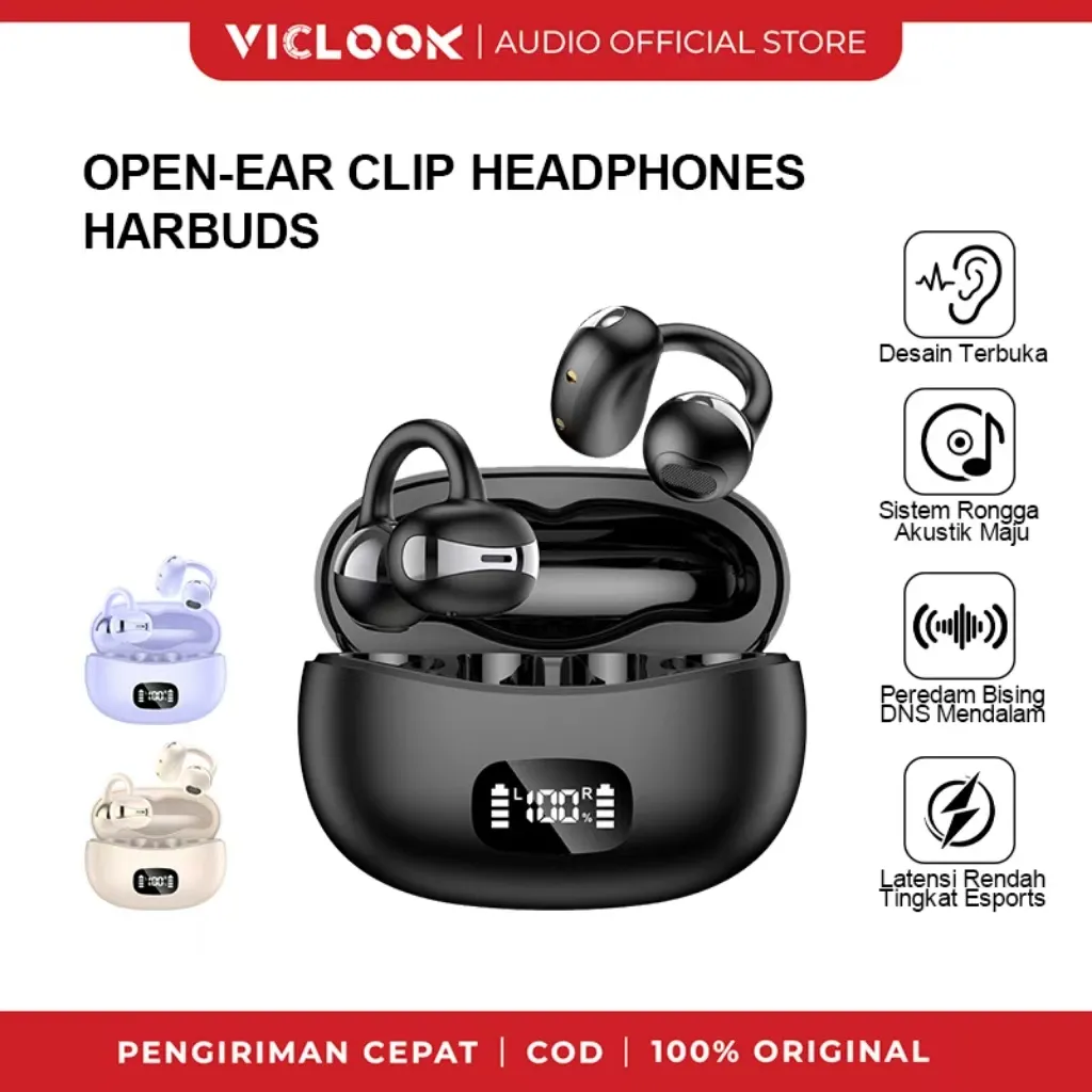 VICLOOK Open-Ear Clip Headphones/Harbuds  Earphone Jepit Telinga COD Headset Bluetooth TWS Wireless 6.0 Sport Bone Conduction Earphones HIFI Waterproof